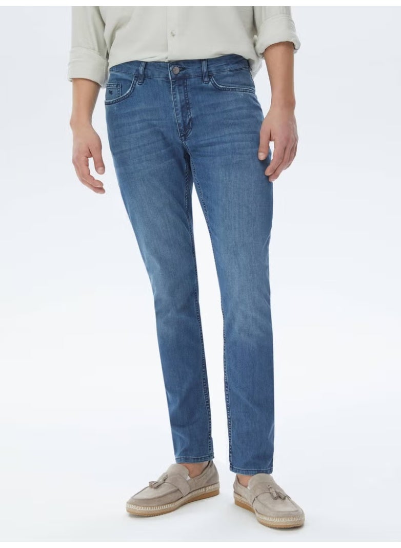 Navy Blue Slim Fit Denim Cotton Blend Trousers - Image 1